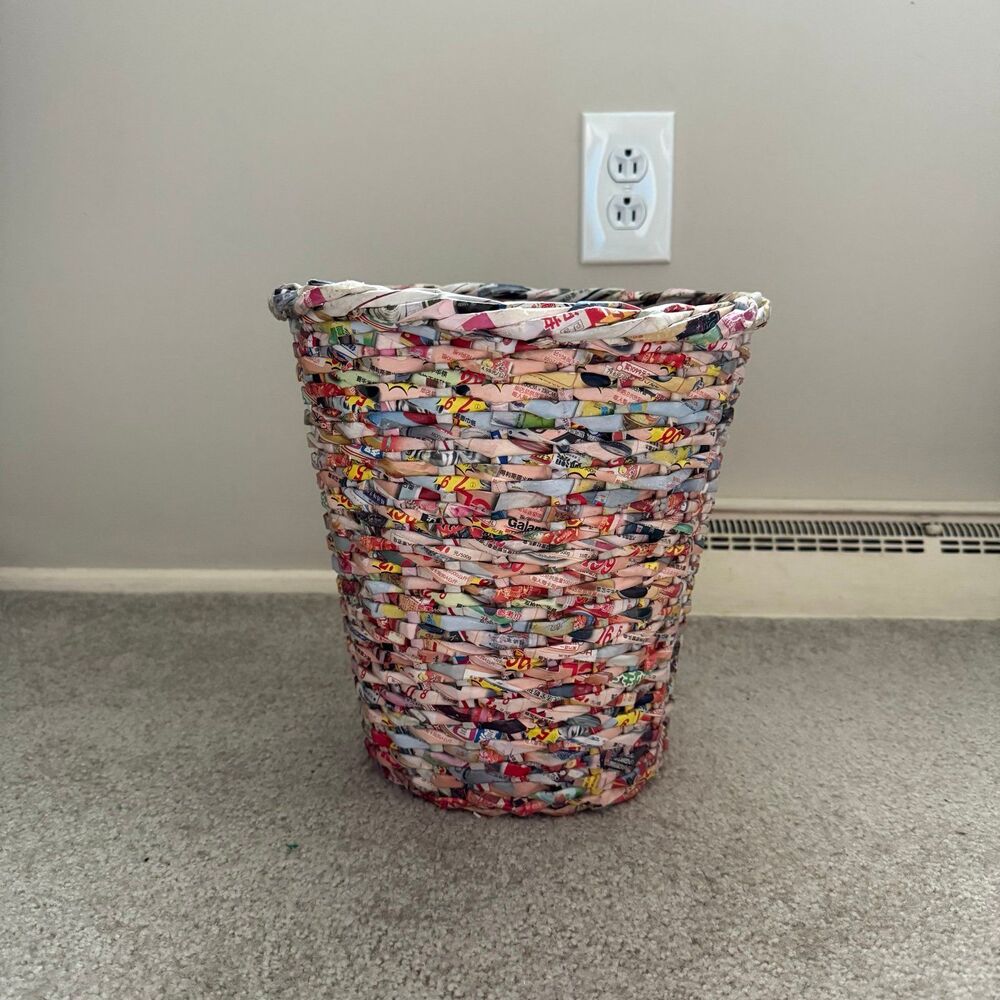 Handmade Recycled Candy Gum Wrapper Waste Basket Bin Colorful Upcycled Woven